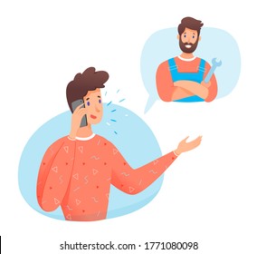 Young man calling repairman by smartphone. Handsome guy talking phone and plumber holding wrench cropped avatar in speech bubble. Technical assistance, call technician by mobile service. Vector