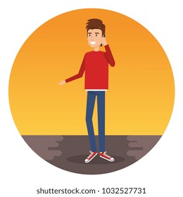 young man calling with smartphone character