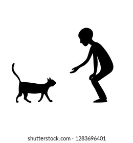 Young man calls cat. Vector color black silhouette image.