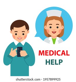 An young man calls up a physician. Doctor provides medical care on the phone. Doctor in dialog bubble. Health care and modern communication technology concept. Flat illustration on white background.
