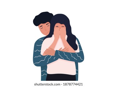 Young man calming his crying girlfriend, embracing her from her back. Helping her to cope with her sadness and depression. Flat cartoon vector illustration isolated on white background