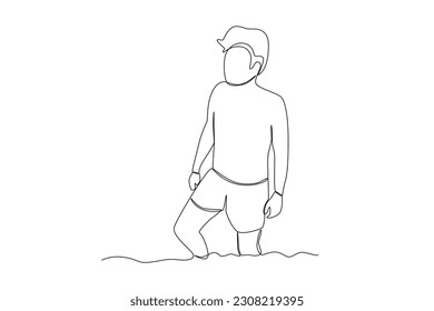 A young man came out of the seawater. Swimming in beach one-line drawing