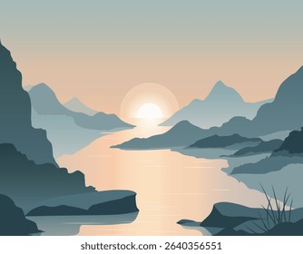 Young man came to relax on the shore of the lake. Beautiful sunset in the mountains. Illustration in pastel colors