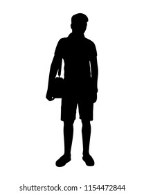 Young man with camera bag silhouette vector. Person concept.