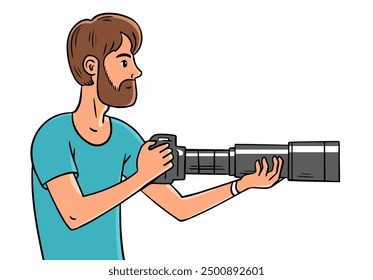 Young man with a camera. Photographer, tourist and paparazzi. Cartoon vector illustration isolated on white background. Creative profession. Seeker of adventures. Hand drawn outline