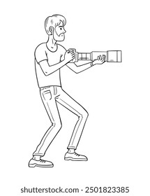 Young man with a camera. Photographer, tourist and paparazzi. Cartoon vector illustration. Creative profession. Seeker of adventures. Black and white Sketch hand drawn outline