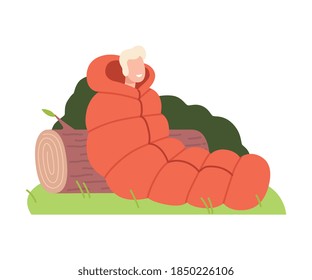 Young Man Camper Sitting in Sleeping Bag Vector Illustration