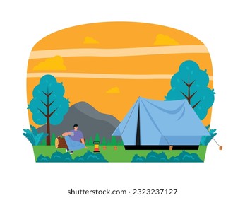 Joven acampando solo felizmente, disfrutando de una copa por la noche, camping ilustración vectorial.