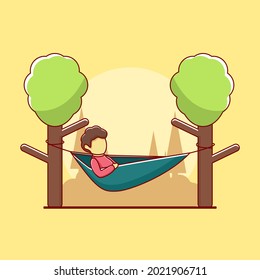 Young Man Camping with Hammocks in Flat Design Illustration