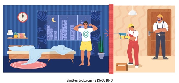 El joven no puede quedarse dormido debido al ruido que viene de un apartamento vecino, ilustración vectorial plana. Muro de perforación. Ruido de renovación en los alrededores.