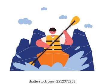 Young man canoeing alone on river, extreme sports vector illustration.