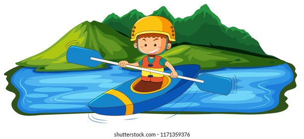 A young man canoeing in the lake illustration
