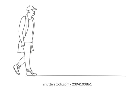 Un joven con gorra y abrigo camina por la calle. Ilustración vectorial dibujada a mano. Blanco y negro.