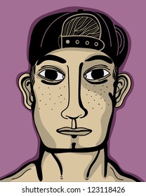 young man with cap with front in back