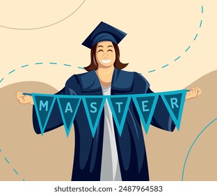 young man in cap and gown holding banner of happy graduate master celebrating his master's degree