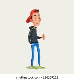 A young man in cap and hoody with a can of beer or other drink. Vector illustration of walking smiling guy.