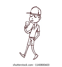 A young man in a cap and shorts is eating ice cream. Hand drawn cartoon vector illustration.