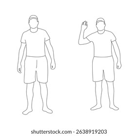 Young Man in Cap and Summer Clothes Line Art Isolated on White. People and seasonal fashion trends vector art