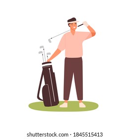 Young man in cap visor holding golf club case. Portrait of professional golfer sportsman. Male character playing outdoor sport game. Flat vector cartoon illustration isolated on white background