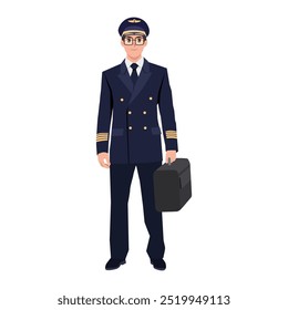 Jovem piloto de avião capitão. Ilustração de caractere de vetor plano