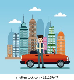 young man with car city background
