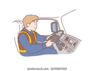Young man car driver. Truck driver sitting in cabin of vehicle looks on road. Delivering services transportation and trucking industry. Delivery, driving concept. Hand drawn style vector design