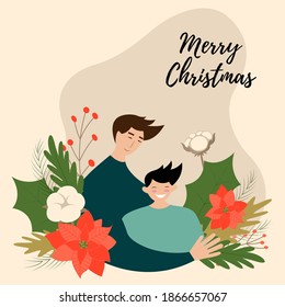 A young man with care and love hugs the child, happy child smiles in Christmas flowers. Merry christmas lettering. Vector flat illustration in modern style.