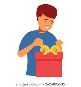 Young man is carefully opening a red gift box with a yellow ribbon, excited to see what's inside