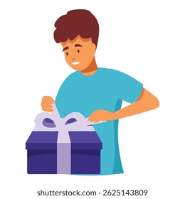 Young man is carefully unwrapping a large purple gift box with a big smile on his face