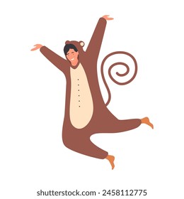 Young man in carnival monkey costume jumping fun at pajama party or sleepover vector illustration