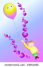 Young man carried by a balloon, surrounded by hearts. Vector, inspired Valentine