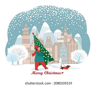 Young man carries a Christmas tree. Preparing for holidays. Greeting card. Trendy retro style. Winter holiday card with lettering.  Christmas theme banner, flyer. Vector illustration.