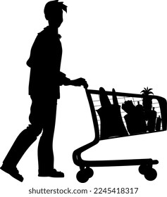 A young man carries a grocery cart in a supermarket. Silhouette