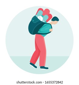 A young man carries a heavy backpack with pills. Concept of long-term and permanent medical treatment, Oncology, diabetes. The person is sick and weak. Flat vector illustration.