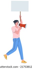 Un joven lleva un afiche y grita en un bullhorn. Protesta, huelga, protección de derechos. Aislado en fondo blanco.Ilustración vectorial plana. Eps10