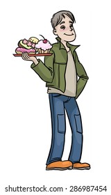 the young man carries sweets pies, eclairs on a tray - vector hand drawing series of comic illustrations