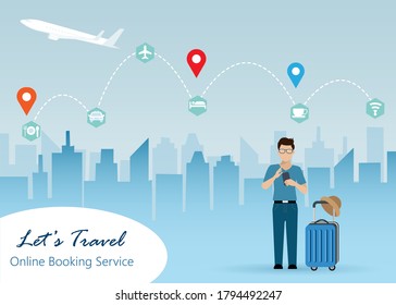 Young man carring luggage, holding smart phone remote online booking flight ticket, hotel, taxi and restaurant during his abraod trip. Idea for online traveling service technology, vacation concept.