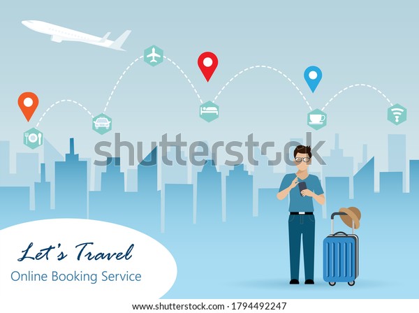 Young man carring luggage, holding smart phone\
remote online booking flight ticket, hotel, taxi and restaurant\
during his abraod trip. Idea for online traveling service\
technology, vacation\
concept.
