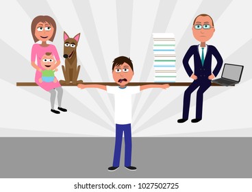 young man carry board on shoulders and balancing his family and boss which represents work life balance funny vector illustration