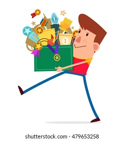 young man carry a box full of trophy