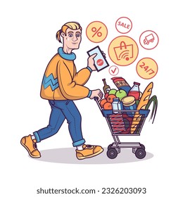 Young man carry cart full of food. Products purchase and delivery via apps. Male buying over Internet. Modern technology and lifestyle. Vector illustration in cartoon style
