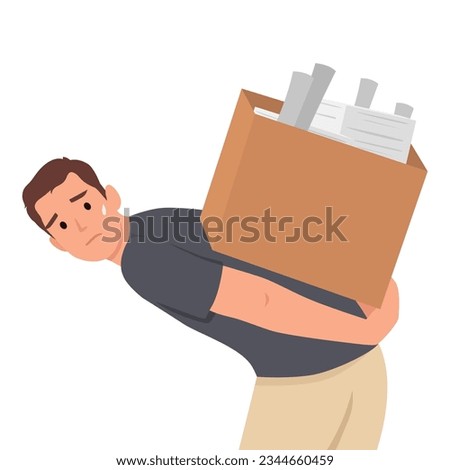 Young man carry heavy case or big box with folders or paper document. Flat vector illustration isolated on white background