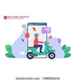 Young Man carry parcels to Delivery truck on GPS map laptop screen background. Order Tracking concept. Vector illustration flat design style.