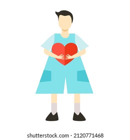 Young man carry red heart standing on white background.vector.