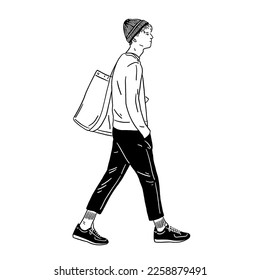 Hombre joven lleva una bolsa de tocador Gente caminando estilo casual Dibujo de la línea de mano Ilustración