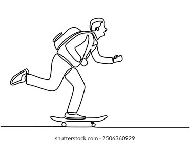 Young man carrying a bag while riding a skateboard. Continuous line drawing of an adventurous sport concept.