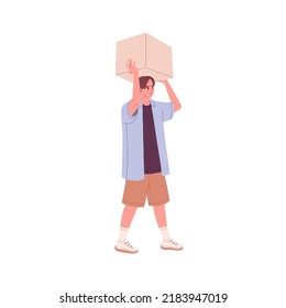 Young Man Carrying Big Box Over Head. Guy Loader Going With Cardboard In Hands. Person Holding Packed Carton Parcel, Package For Moving. Flat Vector Illustration Isolated On White Background