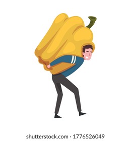 Young Man Carrying Big Pepper, Male Farmer Character with Natural Organic Vegetable Vector Illustration