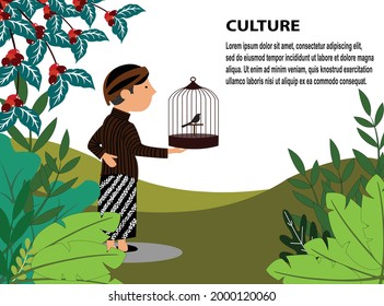 a young man carrying a bird in a cage in traditional Javanese Indonesian cultural clothes with a cool natural scenery background, can be used for posters, backgrounds, etc.