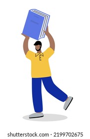 Young man carrying book over head. Concept of books, education, reading, development. Cartoon style. Vector illustration